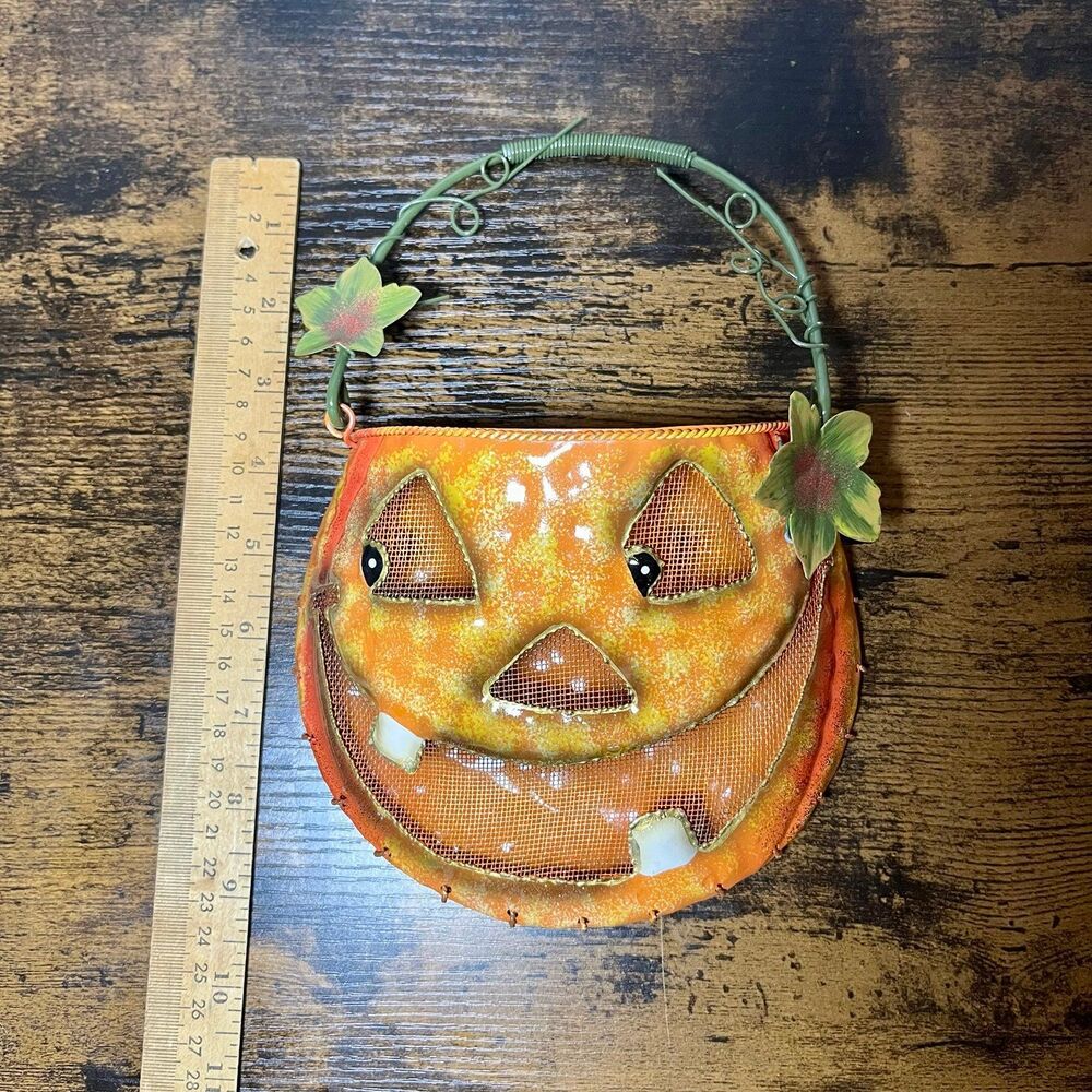 Vintage Jack O Lantern Metal Tin Pumpkin Wall Pocket Happy Halloween - Picture 3 of 6